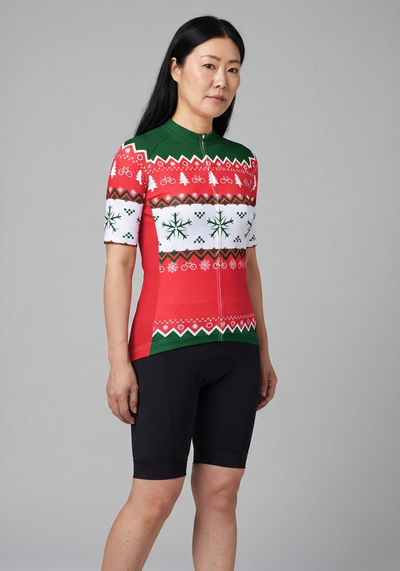 Womens Ugly Christmas Sweater Short Sleeve Cycling Jersey - _default - three quarter view