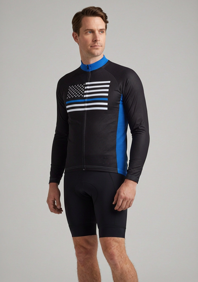 Mens Blue American Flag Long Sleeve Cycling Jersey - _default - three quarter view