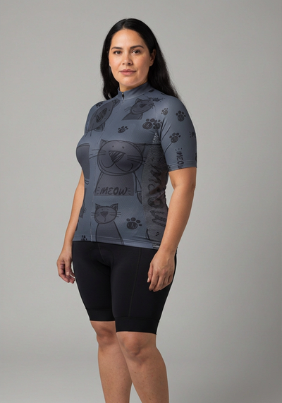 Womens Cat Meow Short Sleeve Cycling Jersey - three quarter view
