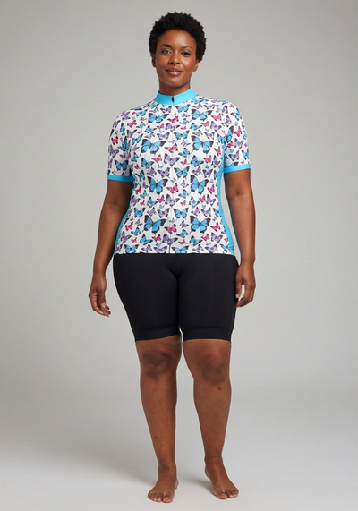 Womens Blue Butterfly Short Sleeve Cycling Jersey - front view