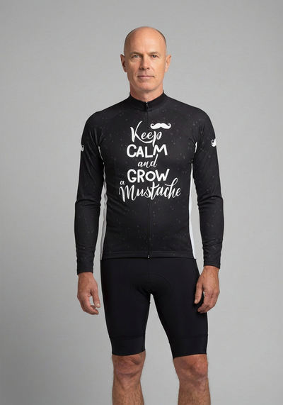 Mens Keep Calm Mustache Long Sleeve Cycling Jersey - Black - front view