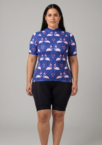 Womens Flamingo Santa Short Sleeve Cycling Jersey - front view