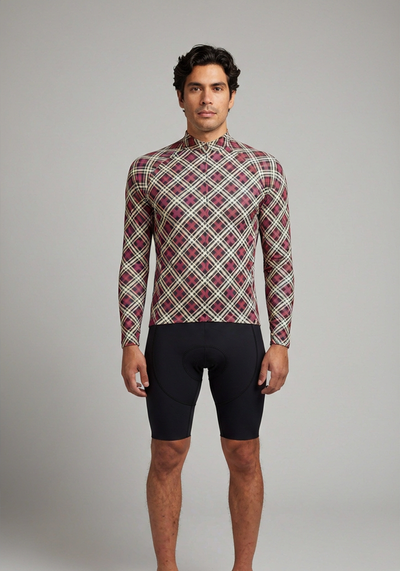 Mens Red Plaid Checkered Long Sleeve Cycling Jersey - front view