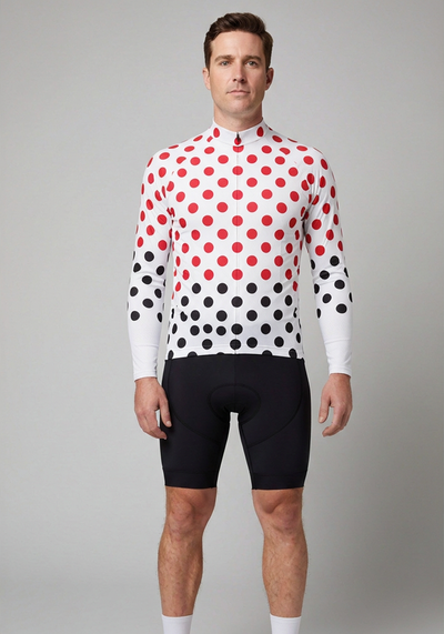 Mens White Polka Dot Long Sleeve Cycling Jersey - Red - front view
