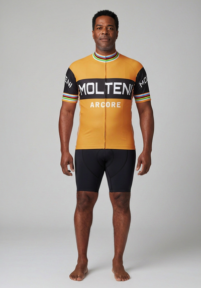 Mens Molteni Retro Classic Short Sleeve Cycling Jersey - Orange WC Stripes - front view