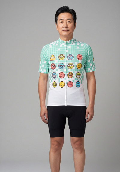 Mens Retro 8 Bit Emoji Short Sleeve Cycling Jersey - Green - front view