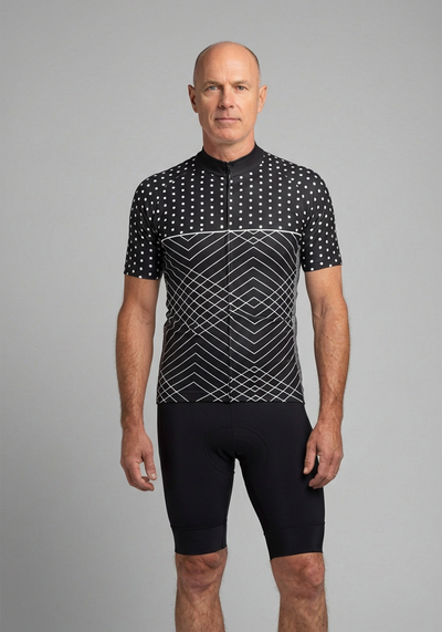 Mens White Polka Dots On Black Zigzag Short Sleeve Cycling Jersey - front view