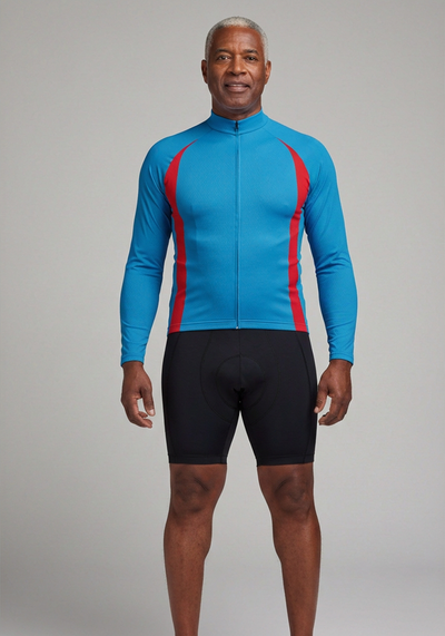 Mens Blue Red Stripe Long Sleeve Cycling Jersey - front view