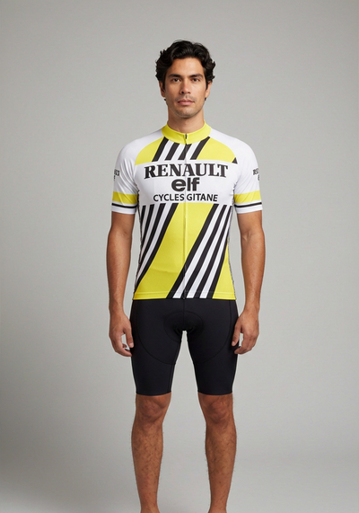 Mens Retro Auto Yellow Short Sleeve Cycling Jersey - front view