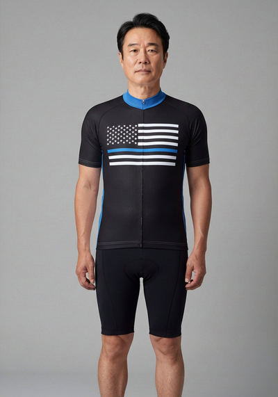 Blue American Flag Cycling Jersey - Black - front view