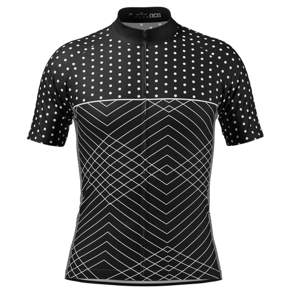 Men's White Polka Dots on Black Zigzag Short Sleeve Cycling Jersey