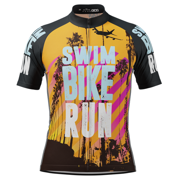 Men's Swim Bike Run Orange Summer Short Sleeve Cycling Jersey