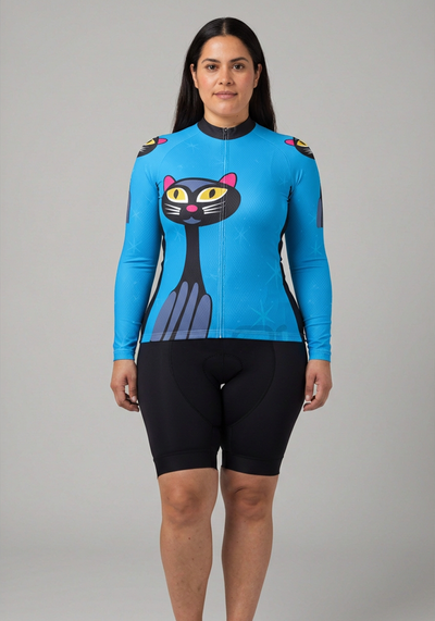 Womens Starry Night Cat Long Sleeve Cycling Jersey - front view