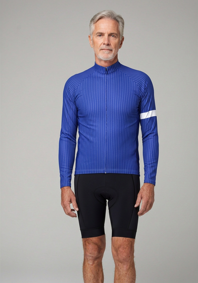 Mens Blue Stripe Banded Long Sleeve Cycling Jersey - _default - front view
