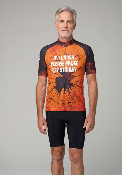 Mens Pause My Strava Short Sleeve Cycling Jersey - Orange - front view