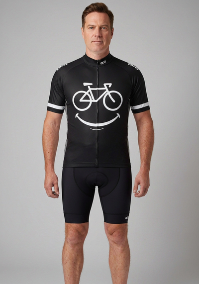 Mens Smiling Bike Short Sleeve Cycling Jersey - Black - front view