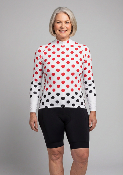Womens White Polka Dot Long Sleeve Cycling Jersey - Red - front view