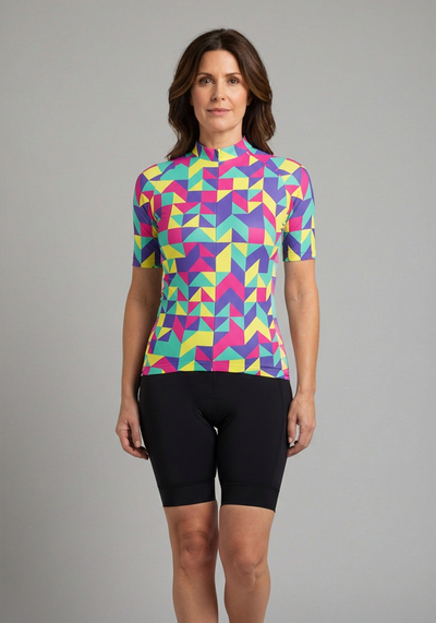 Womens Neon Geometry Short Sleeve Cycling Jersey - front view