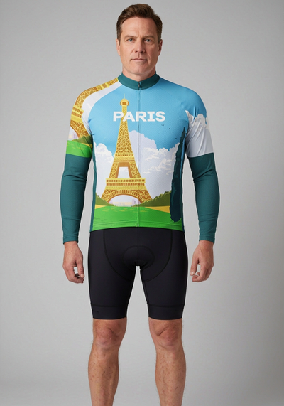 Mens Around The World Paris Long Sleeve Cycling Jersey - front view