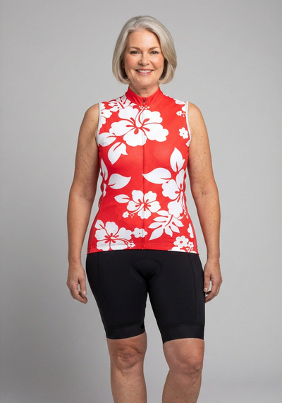 Womens Hawaiian Aloha Floral Sleeveless Cycling Jersey - Red - front view