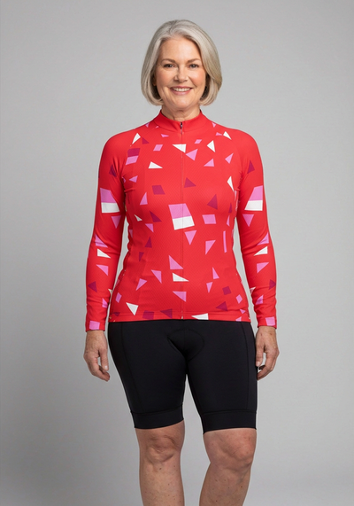Womens Confetti Red Long Sleeve Cycling Jersey - front view