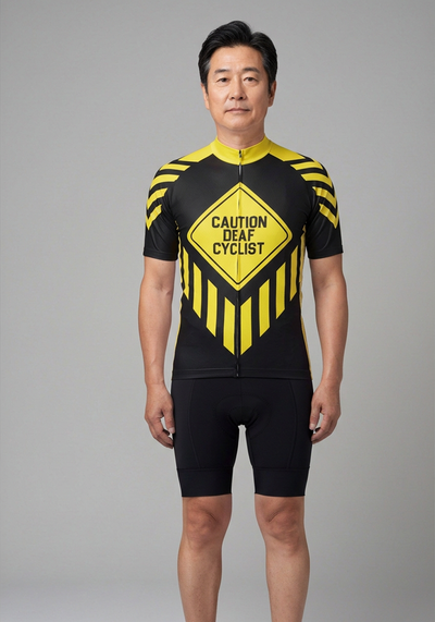 Mens Caution Deaf Cyclist Short Sleeve Cycling Jersey - front view