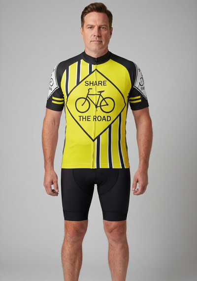 Mens Share The Road Yellow Short Sleeve Cycling Jersey - Yellow - front view