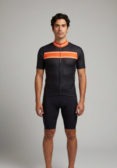 Mens Red Stripe Black Short Sleeve Cycling Jersey - front view