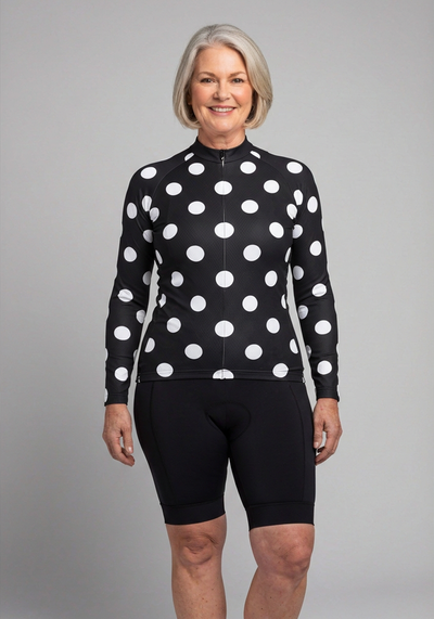 Womens Big Polka Dots Long Sleeve Cycling Jersey - Black - front view