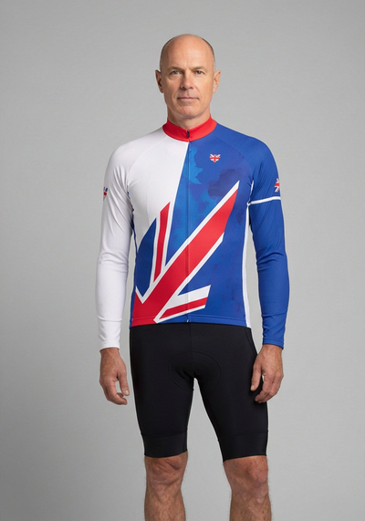 Mens Uk Badge Union Jack National Flag Long Sleeve Cycling Jersey - front view