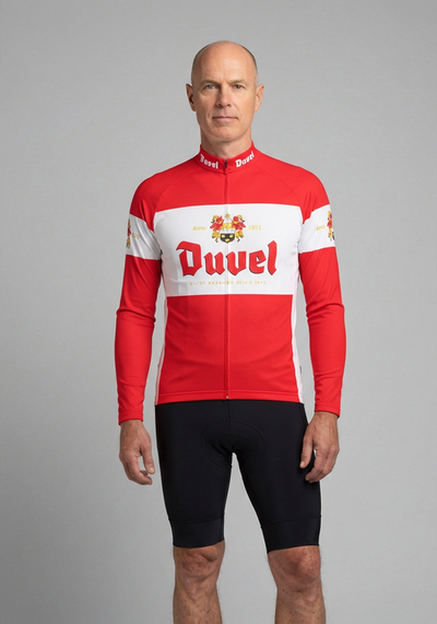 Mens Duvel Red Retro Long Sleeve Cycling Jersey - front view