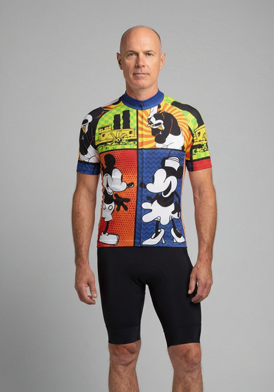 Mens Steamboat Willie Comic Vignettes Short Sleeve Cycling Jersey - front view