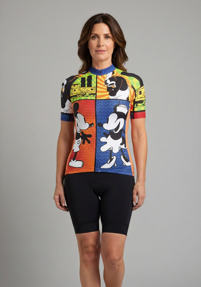 Womens Steamboat Willie Comic Vignettes Short Sleeve Cycling Jersey - front view