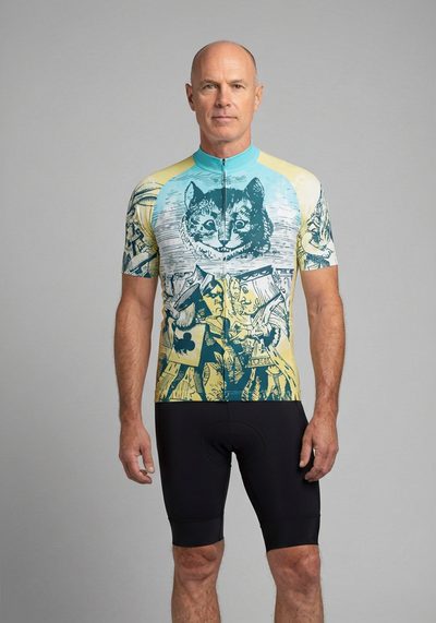 Mens Alice In Wonderland Short Sleeve Cycling Jersey - Blue and Yellow - front view