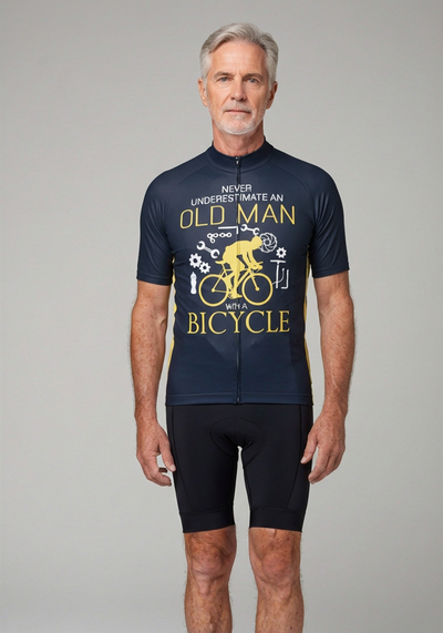Mens Old Man Bicycle Short Sleeve Cycling Jersey - Navy Blue - front view