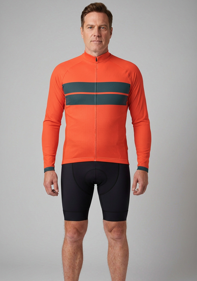 Mens Retro Two Stripe Orange Long Sleeve Cycling Jersey - front view