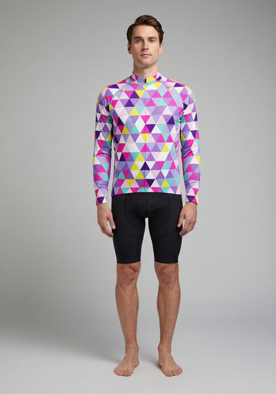 High Vis Color Triangles Long Sleeve Cycling Jersey - Black - front view