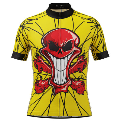 Men's Flaming Red Skull Short Sleeve Cycling Jersey - Yellow