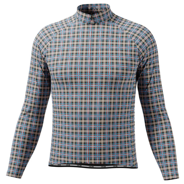 Men's Blue Plaid Checkered Long Sleeve Cycling Jersey