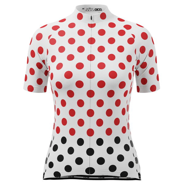 Women's Red Polka Dots on White Short Sleeve Cycling Jersey