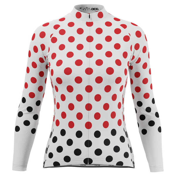 Women's Red Polka Dots on White Long Sleeve Cycling Jersey